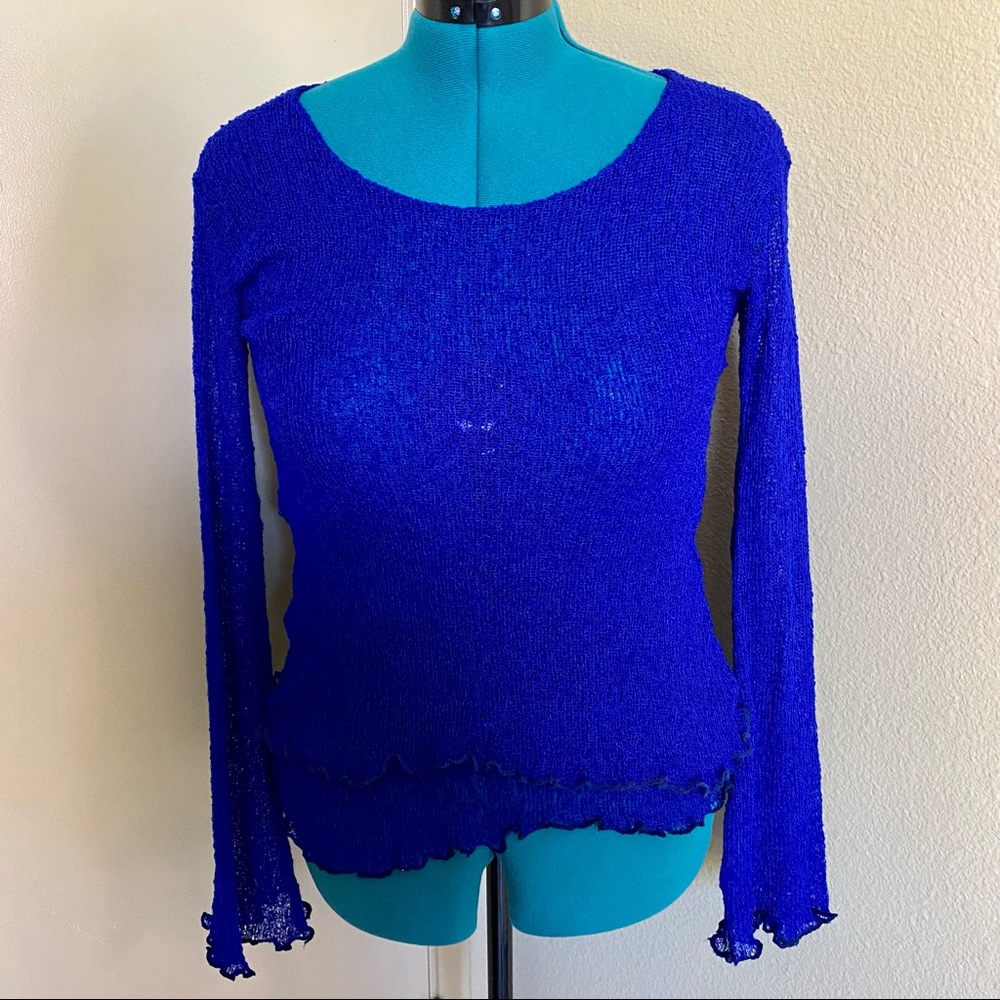 Vintage Stretchy Sheer Mesh Knit Bell Long Sleeve Layered Sweater Cobalt Blue
